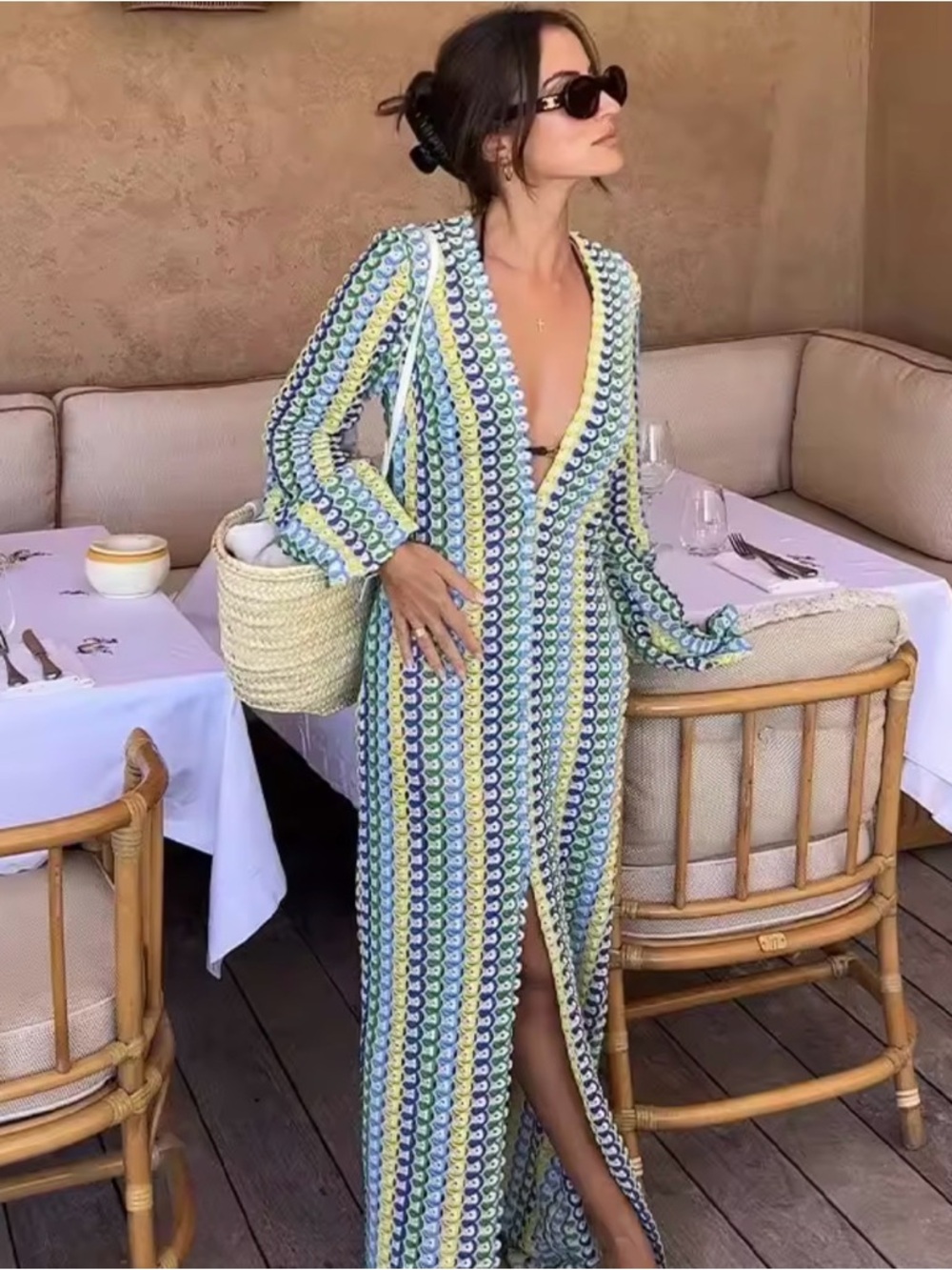 Kaoa Multicolor Tricot  Maxi Dress Blue & Green